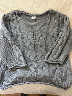 BDG Blue Gray Chunky Cable-Knit V-Neck Sweater